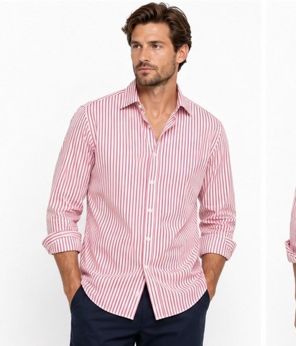 BURBERRY LONDON MEN’S RED WHITE STRIPED 100% COTTON FRENCH CUFF SHIRT 17-43 UK